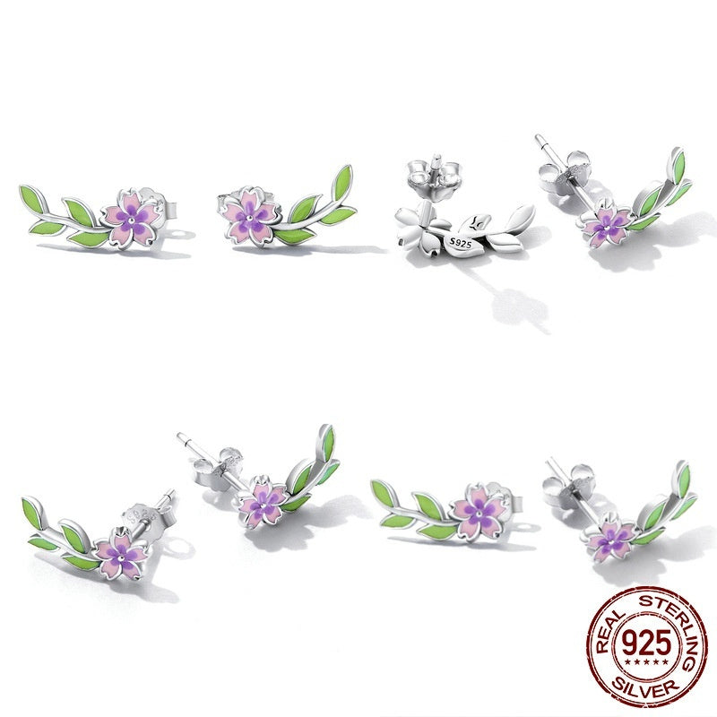 S925 Silver Jewelry Personalized Fashion Flower Leaves Sterling Silver Stud Earrings