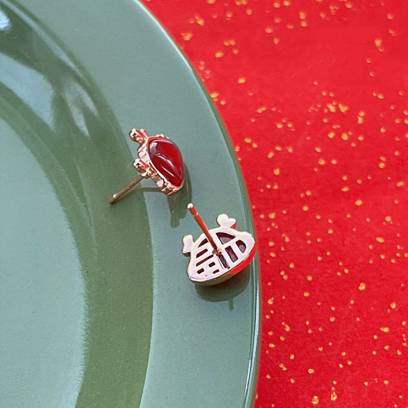 S925 Sterling Silver Red Agate Dragon Year Stud Earrings Birth Year