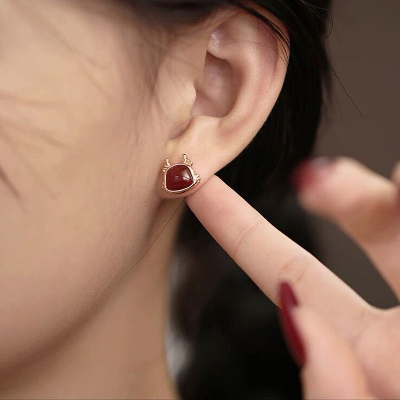 S925 Sterling Silver Red Agate Dragon Year Stud Earrings Birth Year