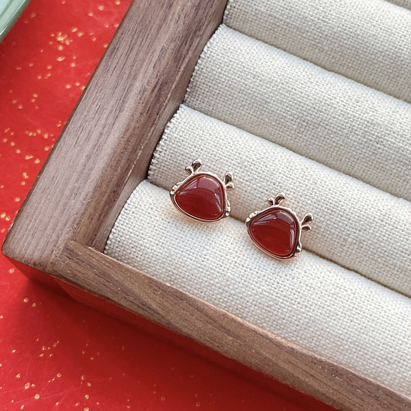 S925 Sterling Silver Red Agate Dragon Year Stud Earrings Birth Year