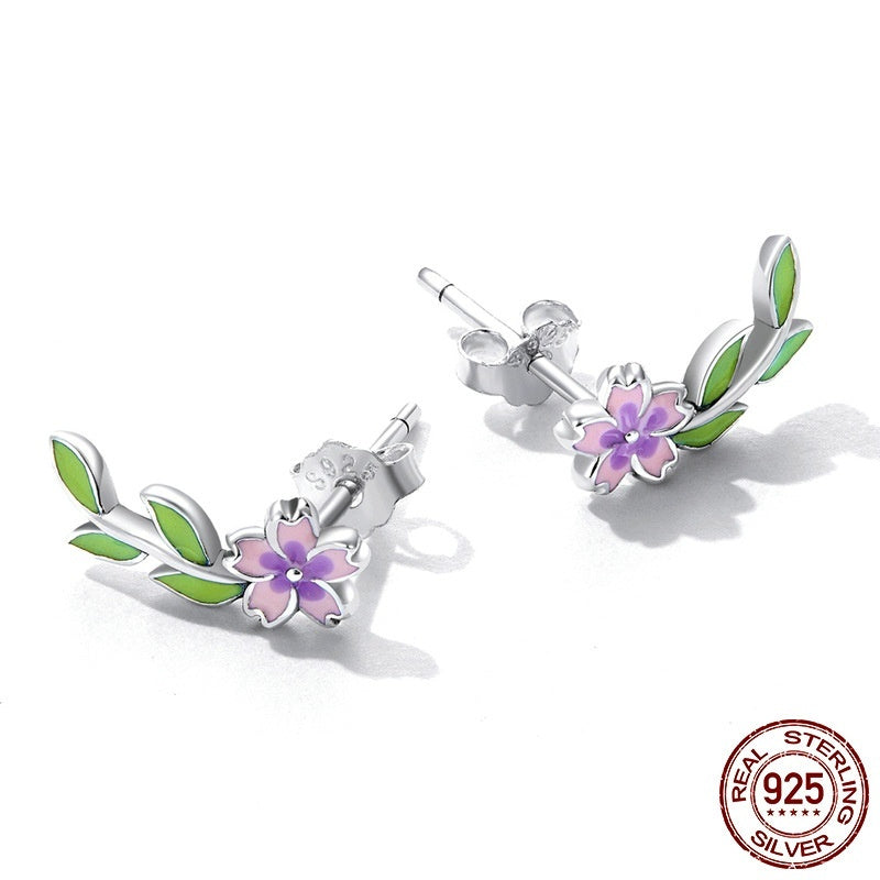 S925 Silver Jewelry Personalized Fashion Flower Leaves Sterling Silver Stud Earrings
