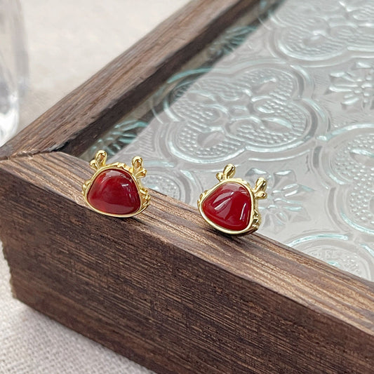 S925 Sterling Silver Red Agate Dragon Year Stud Earrings Birth Year