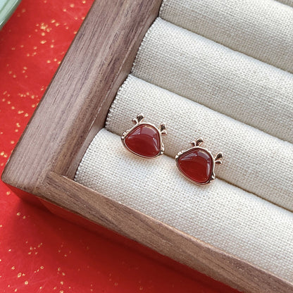 S925 Sterling Silver Red Agate Dragon Year Stud Earrings Birth Year