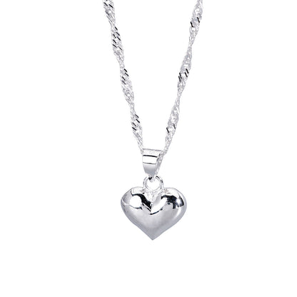 S925 Sterling Silver Adjustable Retractable Glossy Heart Pendant Necklace
