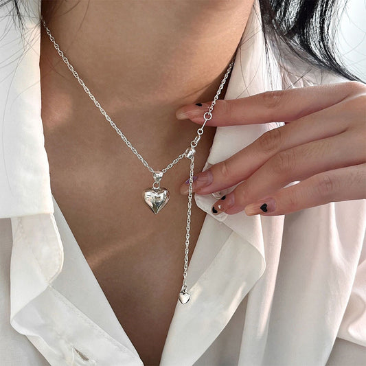 S925 Sterling Silver Adjustable Retractable Glossy Heart Pendant Necklace