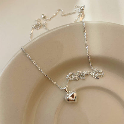 S925 Sterling Silver Adjustable Retractable Glossy Heart Pendant Necklace