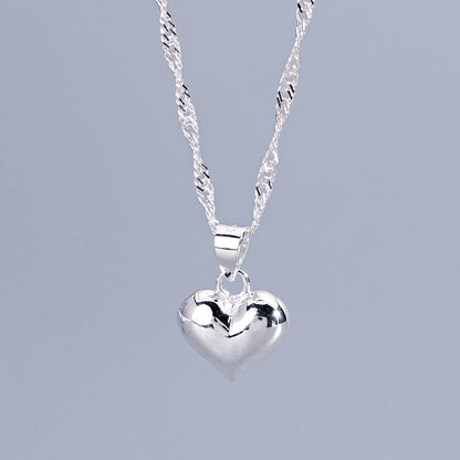 S925 Sterling Silver Adjustable Retractable Glossy Heart Pendant Necklace