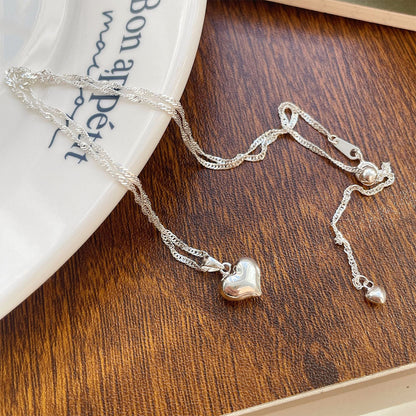 S925 Sterling Silver Adjustable Retractable Glossy Heart Pendant Necklace
